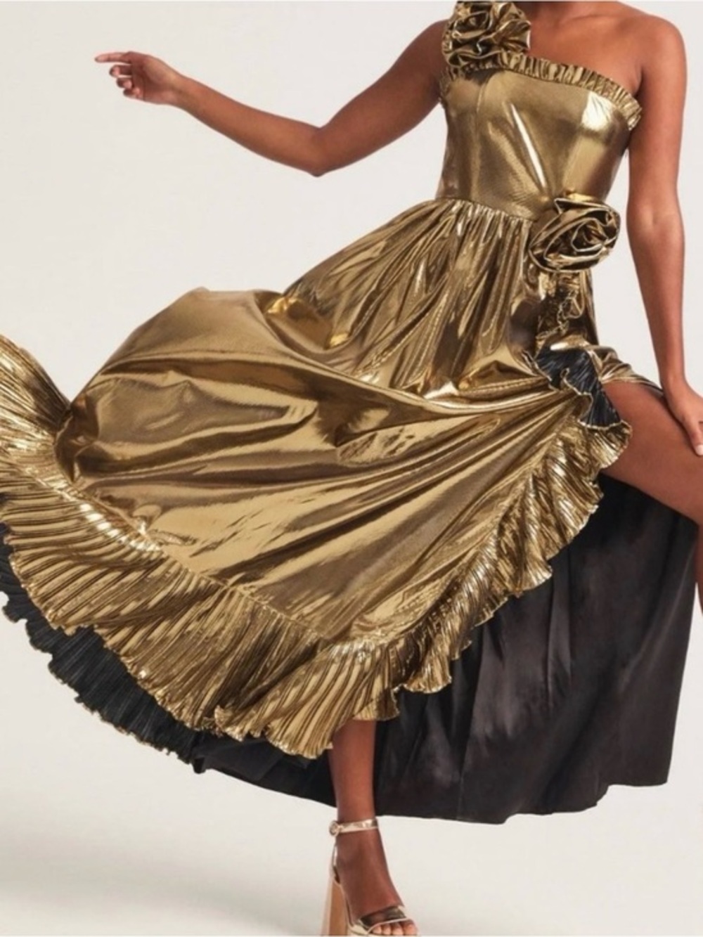 LoveShackFancy Fazal Gown Gold One-Shoulder Metallic  Evening Gown Liquid Gold 6